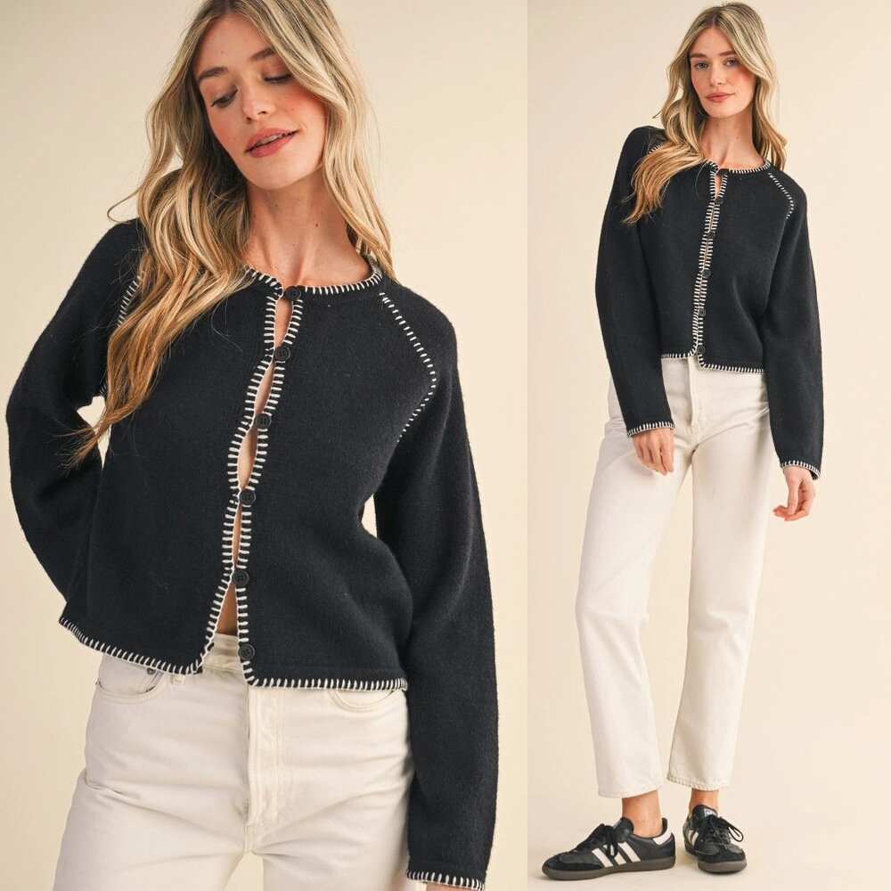 Leia Contrast Blanket Stitch Sweater Cardigan | Women's Winter and Spring Top